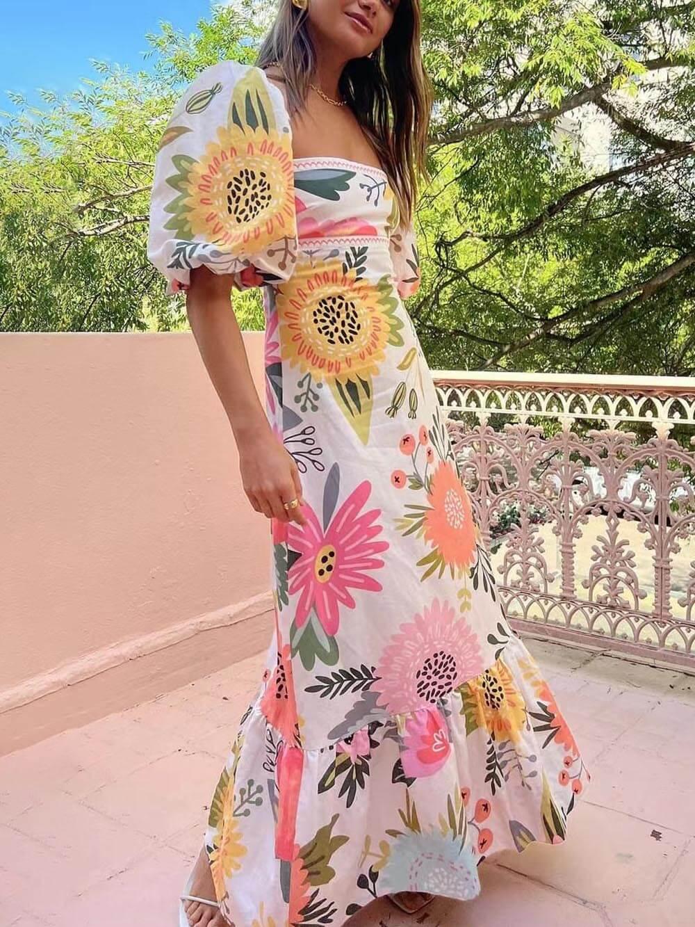 Vestido largo estampado floral y mangas abullonadas