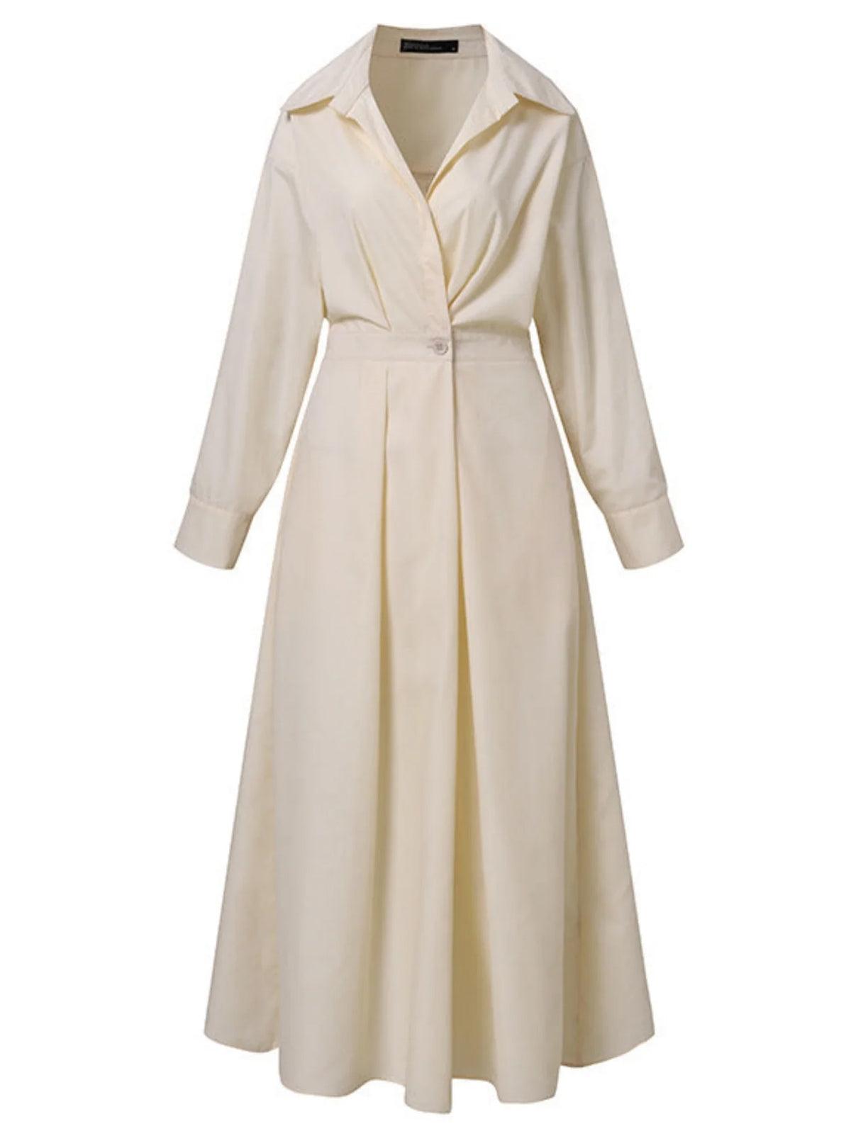 Vestido midi liso con solapa, botones y bolsillos