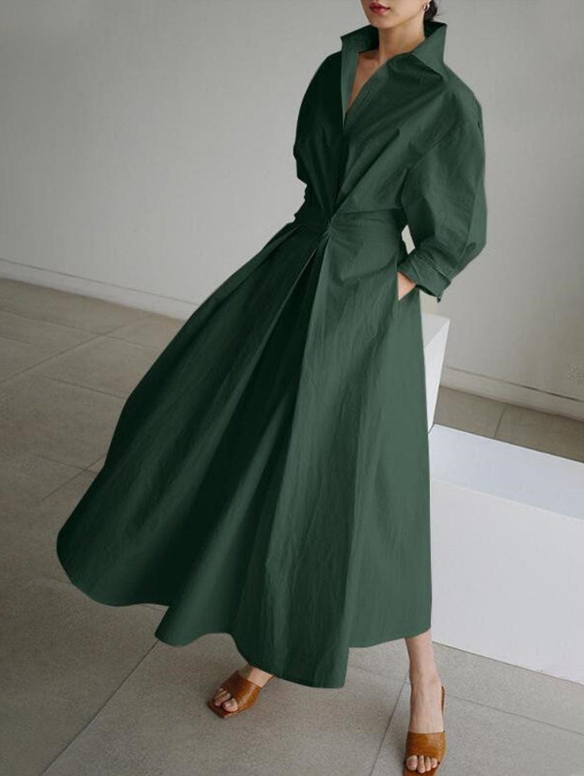 Vestido midi liso con solapa, botones y bolsillos