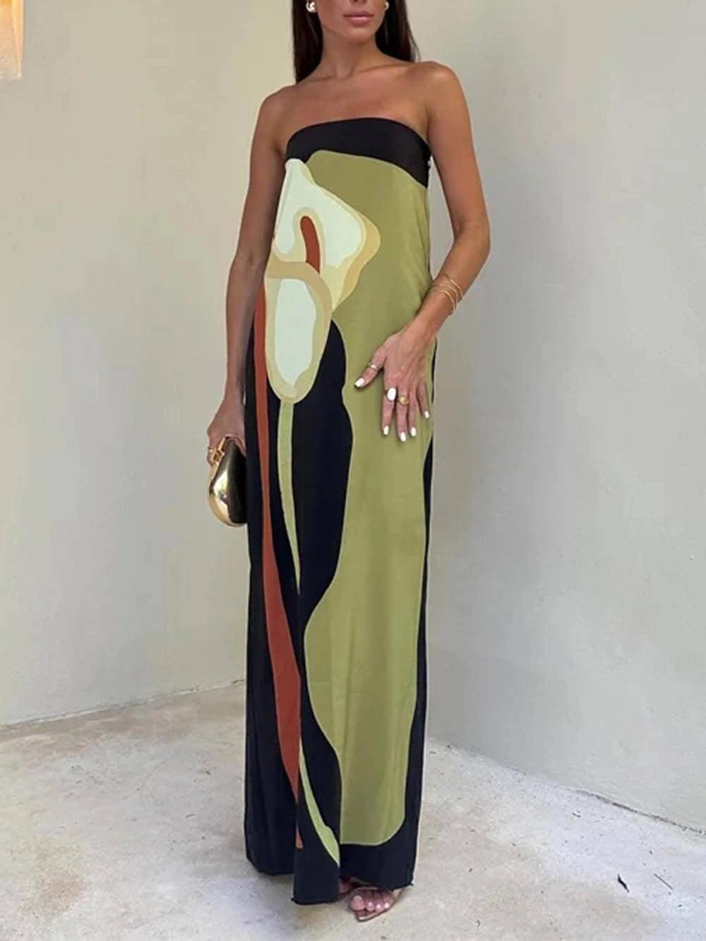 Vestido largo sin tirantes con estampado