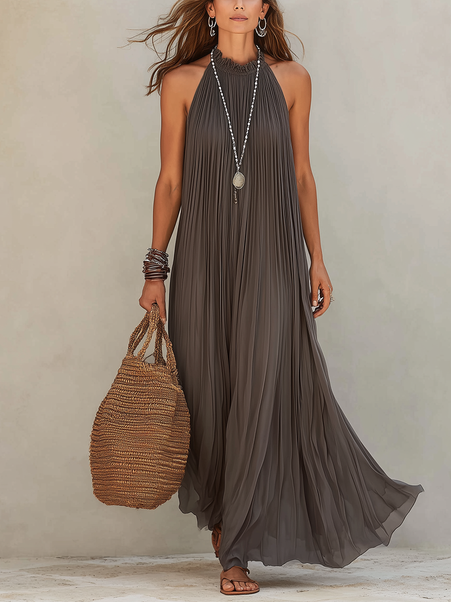 LIRA | Vestido largo gris plisado con escote halter