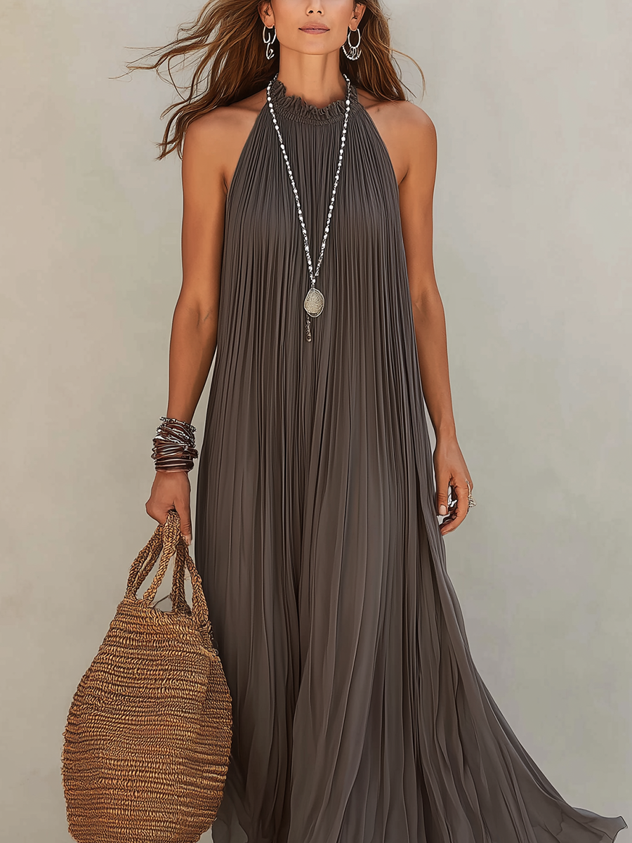 LIRA | Vestido largo gris plisado con escote halter