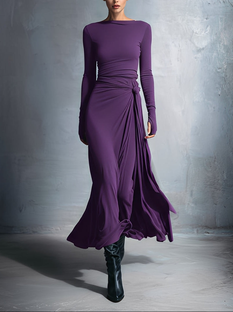 VESTIDO LARGO DRAPEADO CON NUDO LATERAL