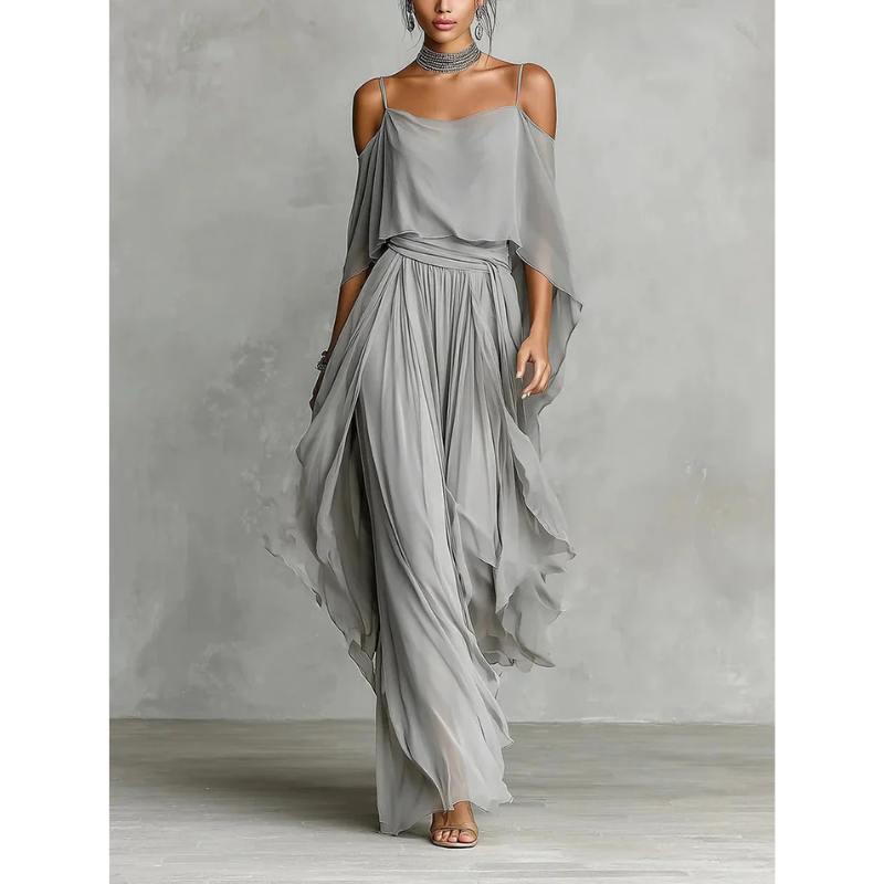 Isabela | Conjunto gris fluido con top de tirantes y pantalones ligeros