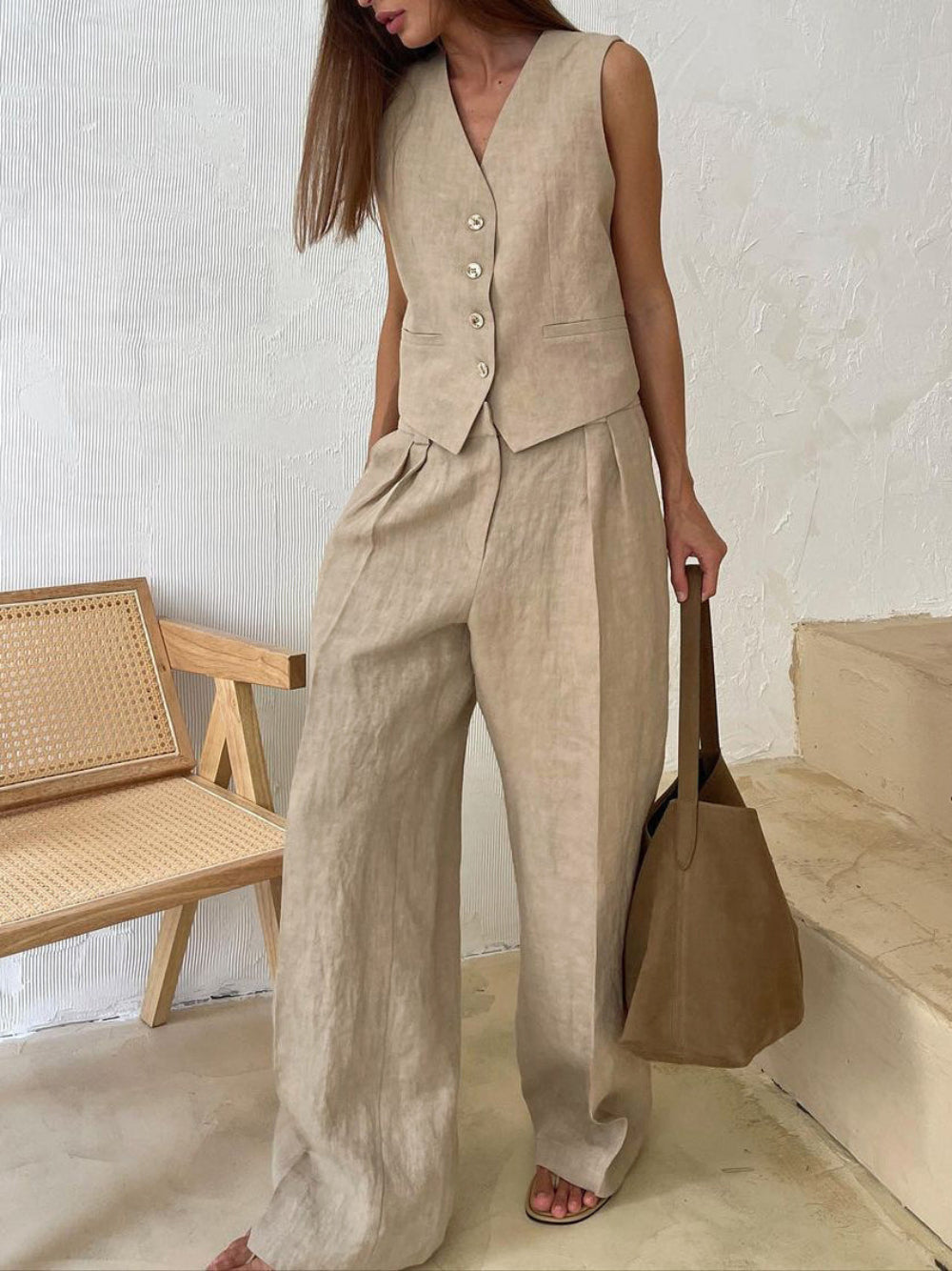Conjunto tipo lino plisado con cuello en V
