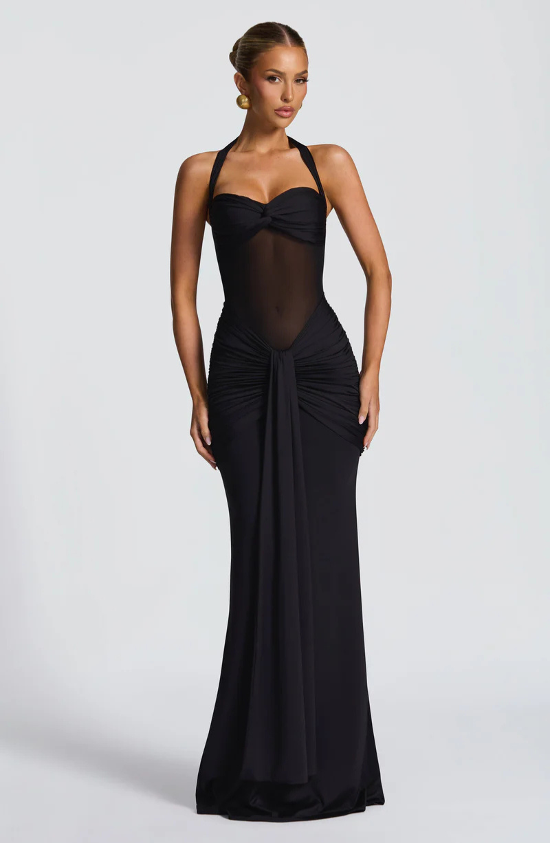 VESTIDO LARGO HALTER FRUNCIDO