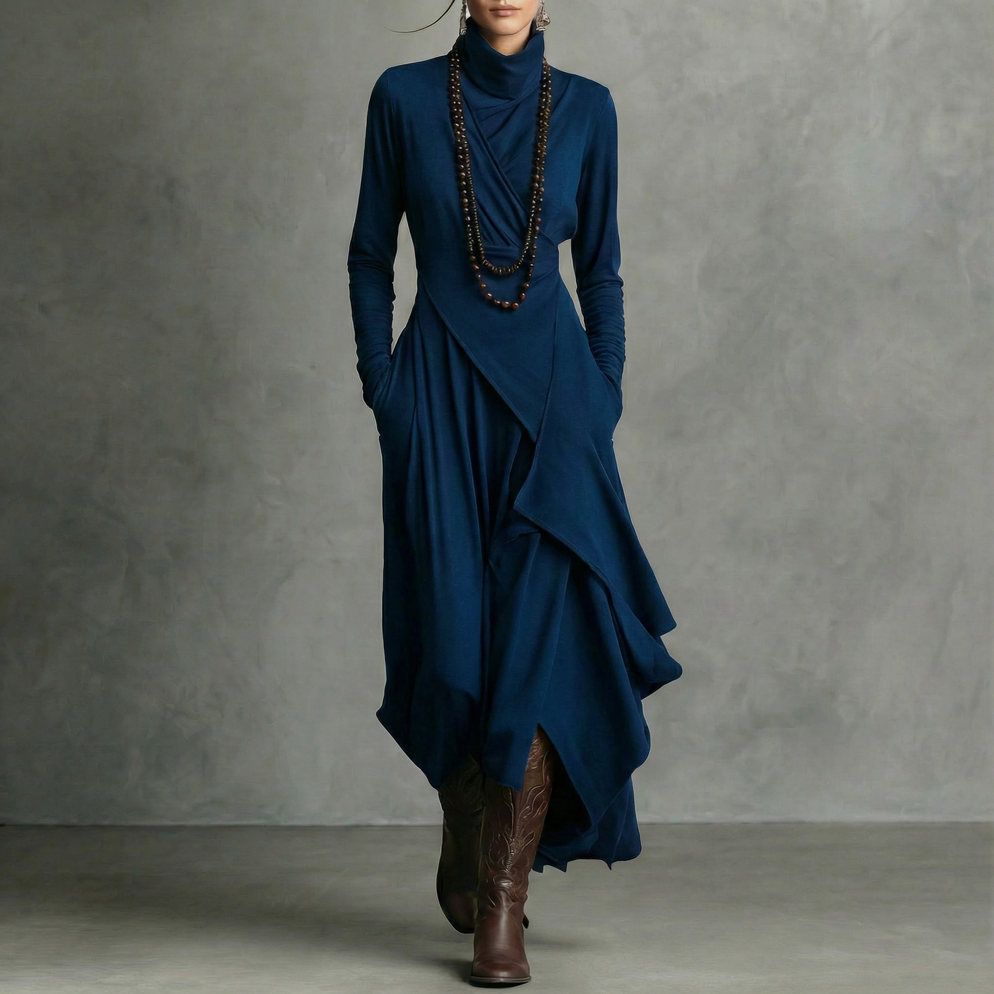 VESTIDO MIDI ASIMÉTRICO DE CUELLO ALTO