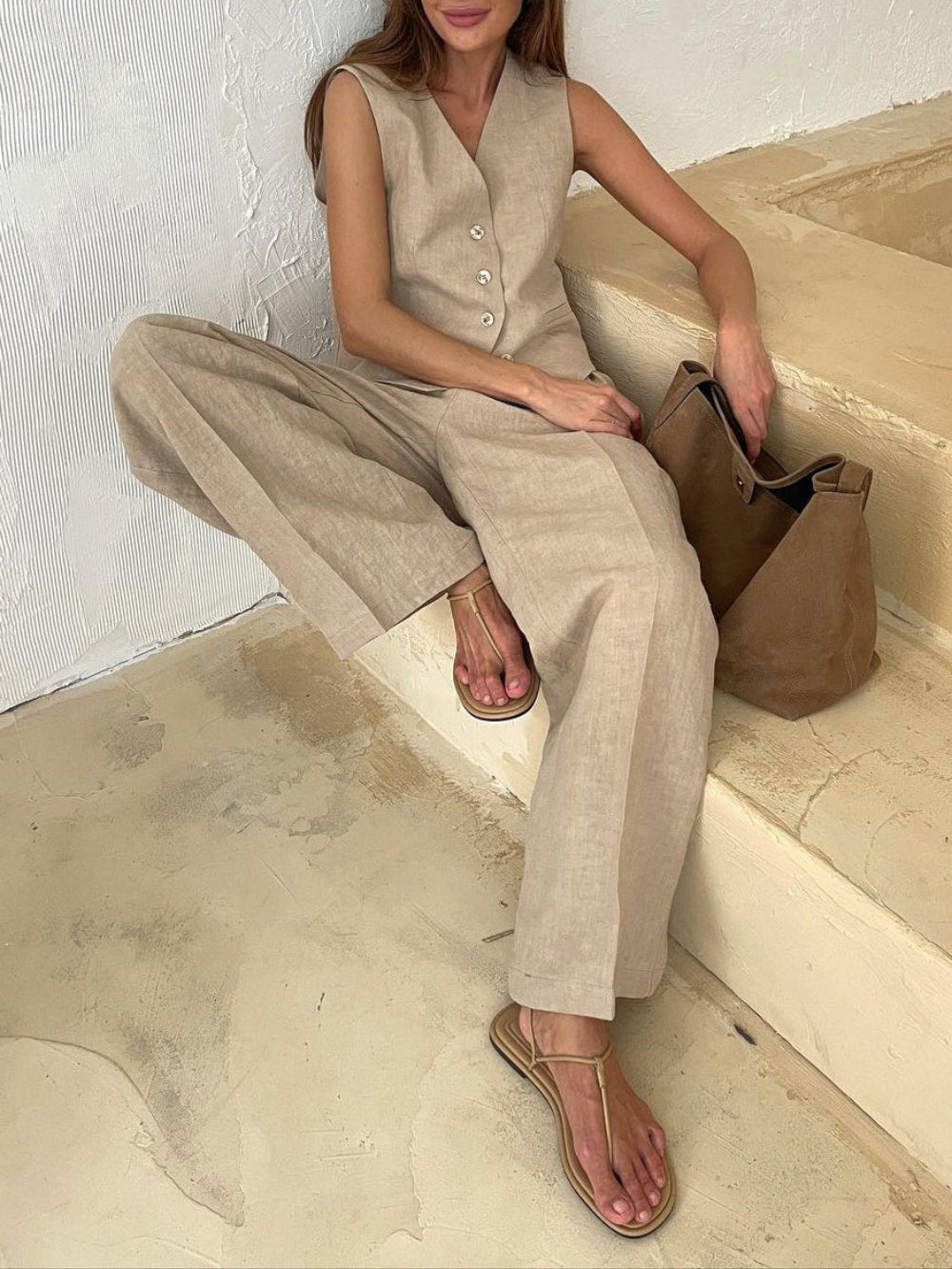 Conjunto tipo lino plisado con cuello en V