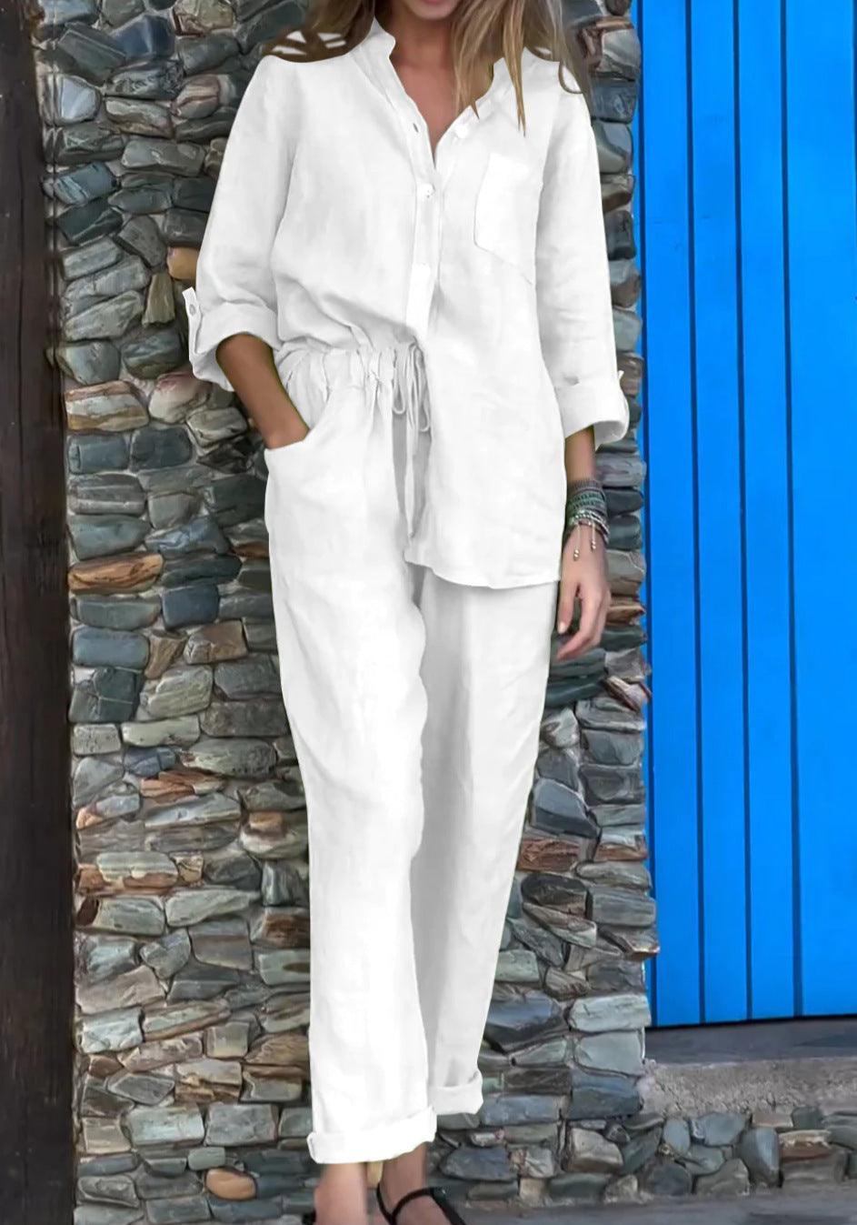 Conjunto informal de dos piezas con camisa y pantalones de algodón y lino