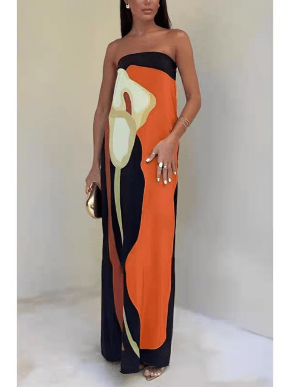 Vestido largo sin tirantes con estampado