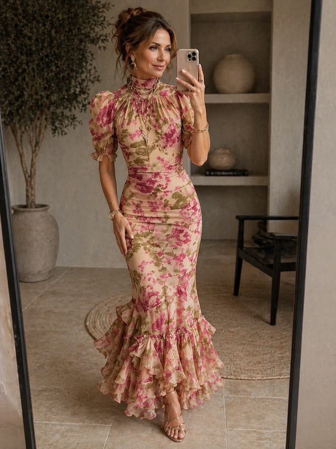 SAE | Vestido largo con volantes de rosas