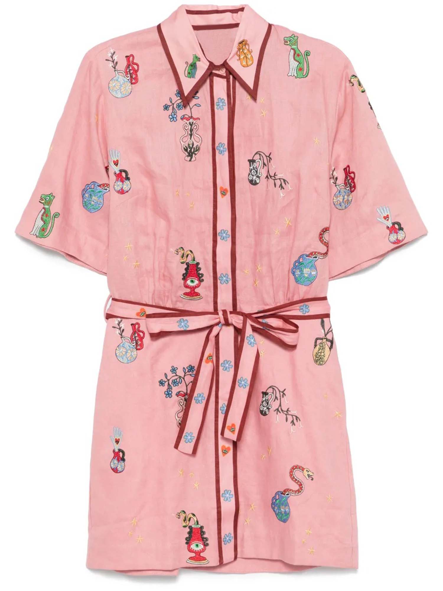 MINI VESTIDO CAMISERO BORDADO CON MOTIVOS BOTÁNICOS EN COLOR ROSA