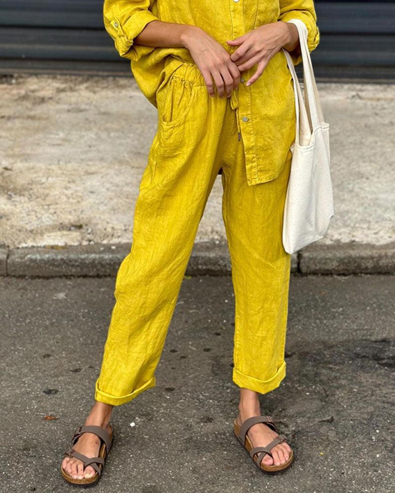 Conjunto informal de dos piezas con camisa y pantalones de algodón y lino