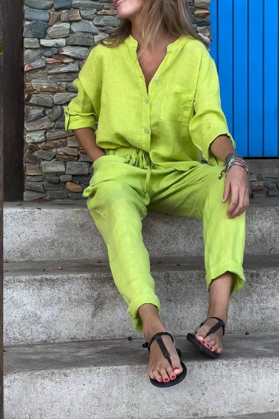 Conjunto informal de dos piezas con camisa y pantalones de algodón y lino