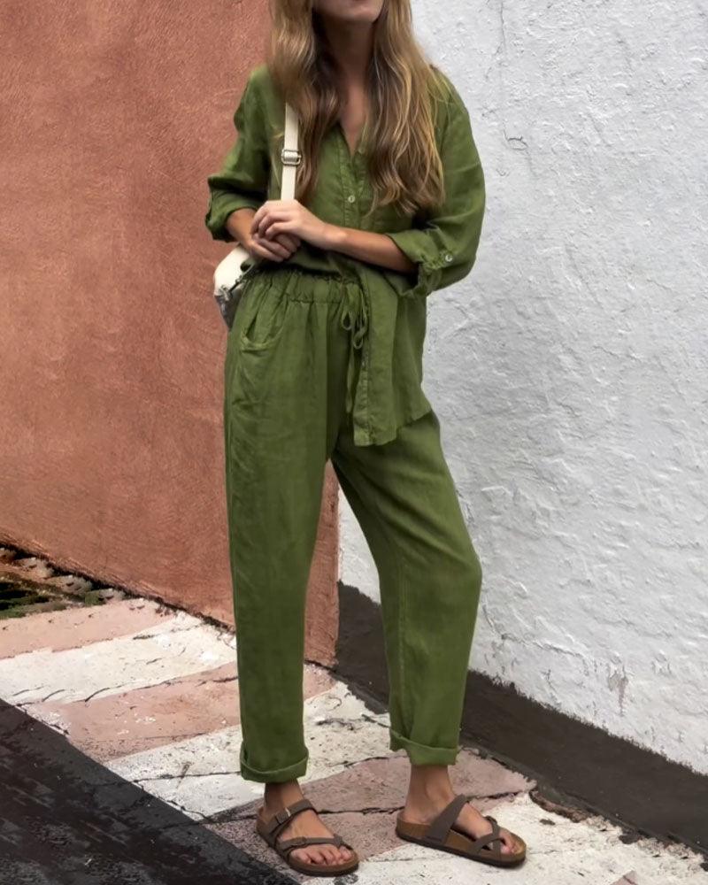 Conjunto informal de dos piezas con camisa y pantalones de algodón y lino