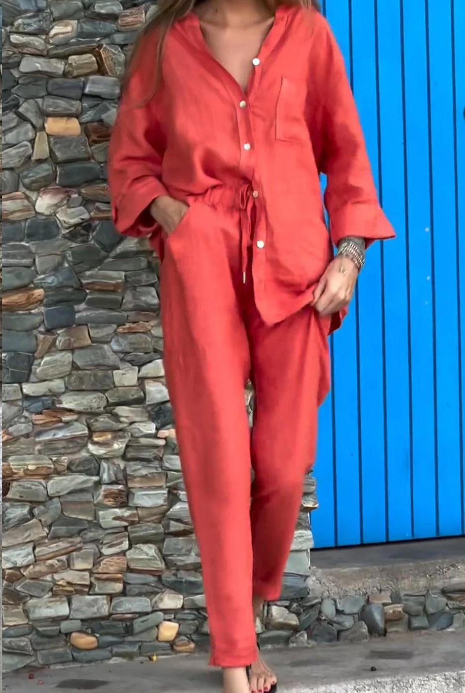 Conjunto informal de dos piezas con camisa y pantalones de algodón y lino