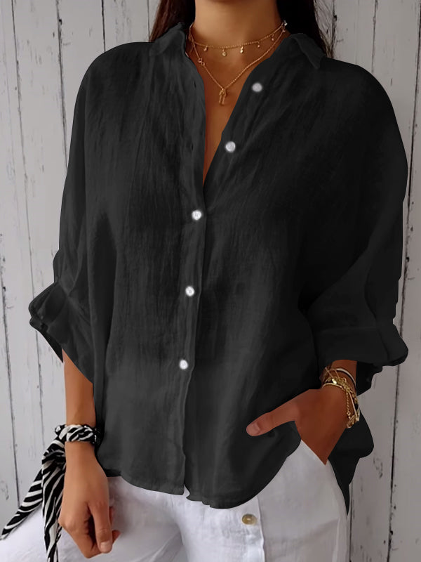 Camisa casual de algodón y lino de color liso