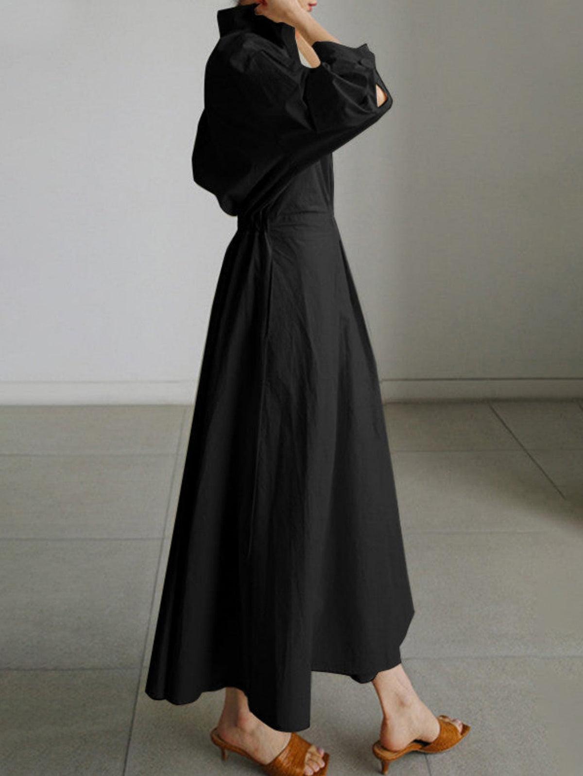 Vestido midi liso con solapa, botones y bolsillos