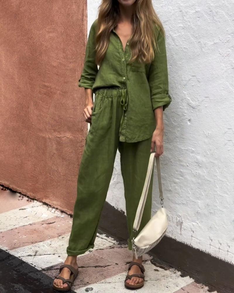 Conjunto informal de dos piezas con camisa y pantalones de algodón y lino