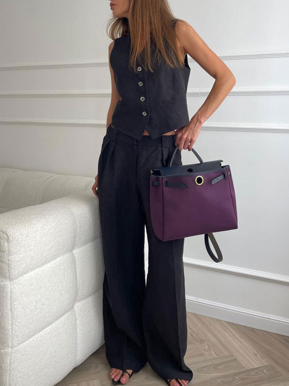 Conjunto tipo lino plisado con cuello en V