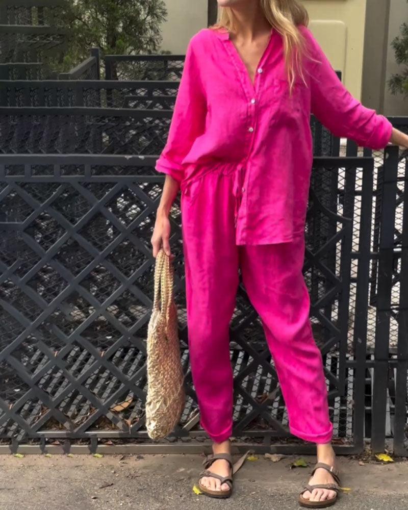 Conjunto informal de dos piezas con camisa y pantalones de algodón y lino