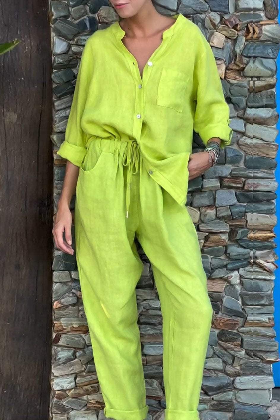 Conjunto informal de dos piezas con camisa y pantalones de algodón y lino