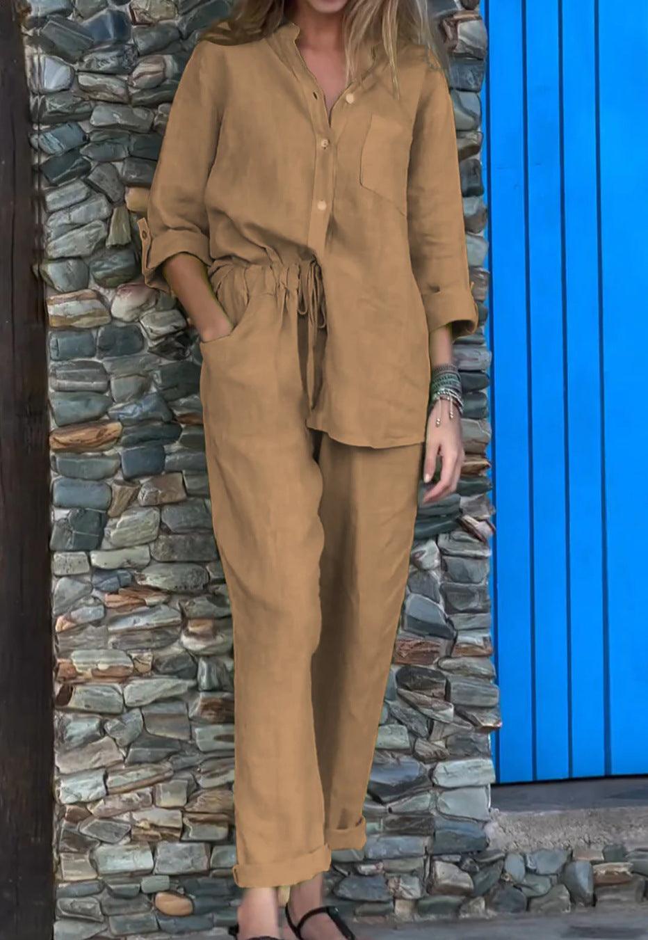 Conjunto informal de dos piezas con camisa y pantalones de algodón y lino