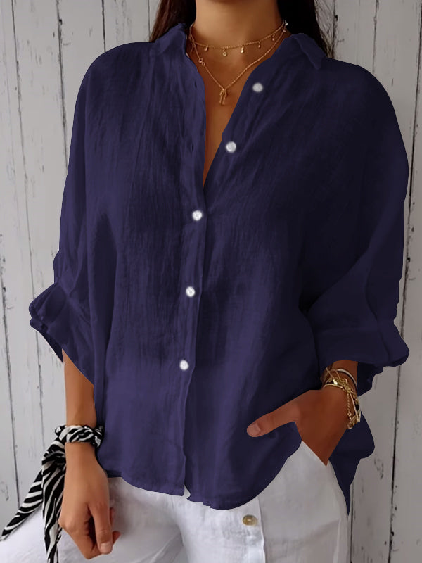 Camisa casual de algodón y lino de color liso