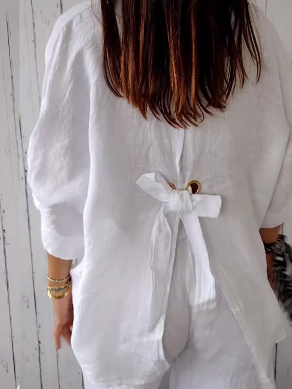 Camisa casual de algodón y lino de color liso