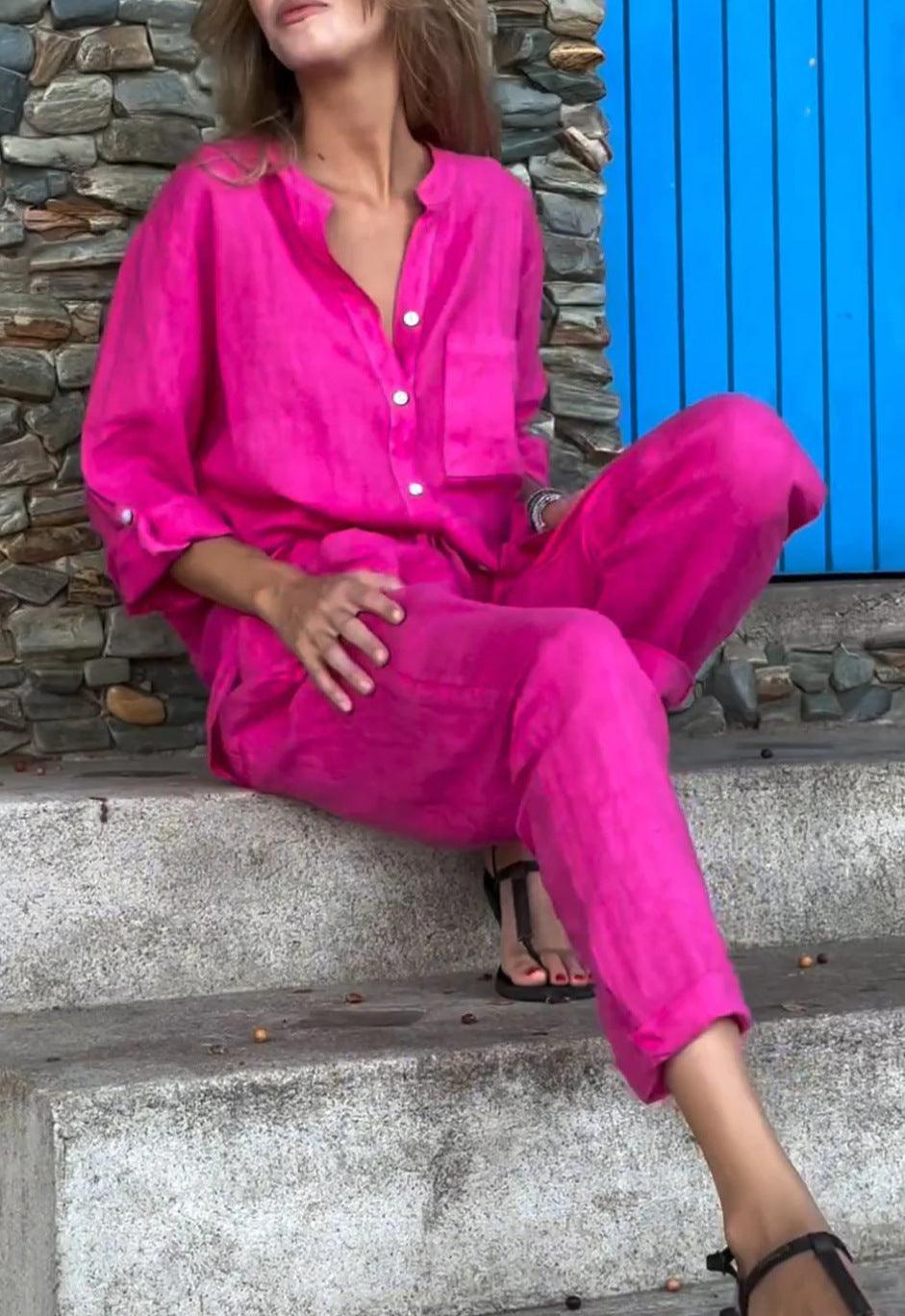 Conjunto informal de dos piezas con camisa y pantalones de algodón y lino