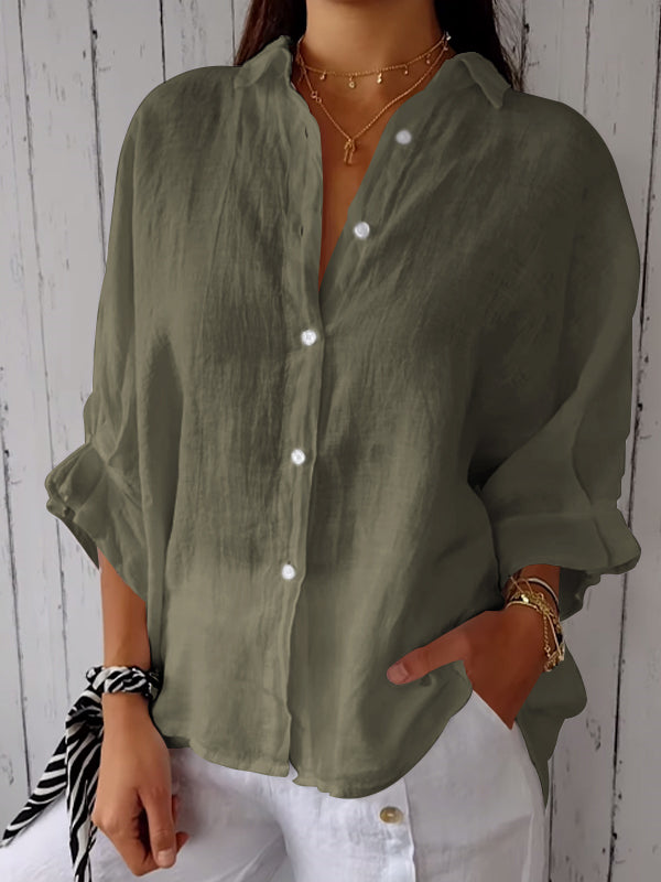 Camisa casual de algodón y lino de color liso