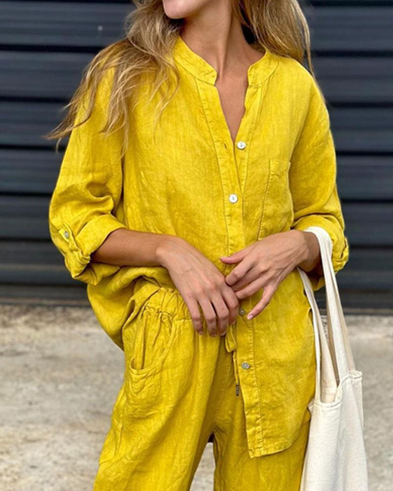 Conjunto informal de dos piezas con camisa y pantalones de algodón y lino