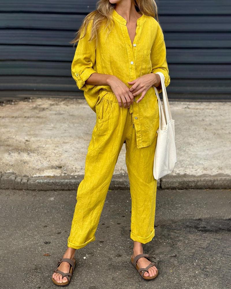 Conjunto informal de dos piezas con camisa y pantalones de algodón y lino
