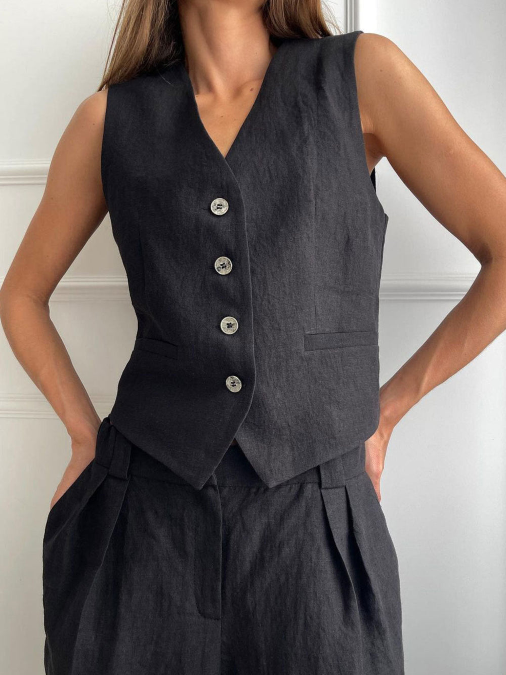 Conjunto tipo lino plisado con cuello en V
