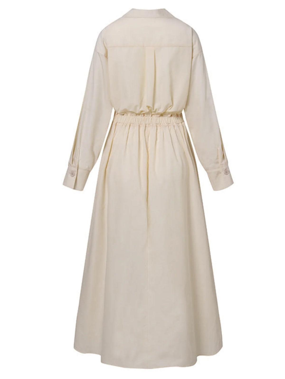 Vestido midi liso con solapa, botones y bolsillos