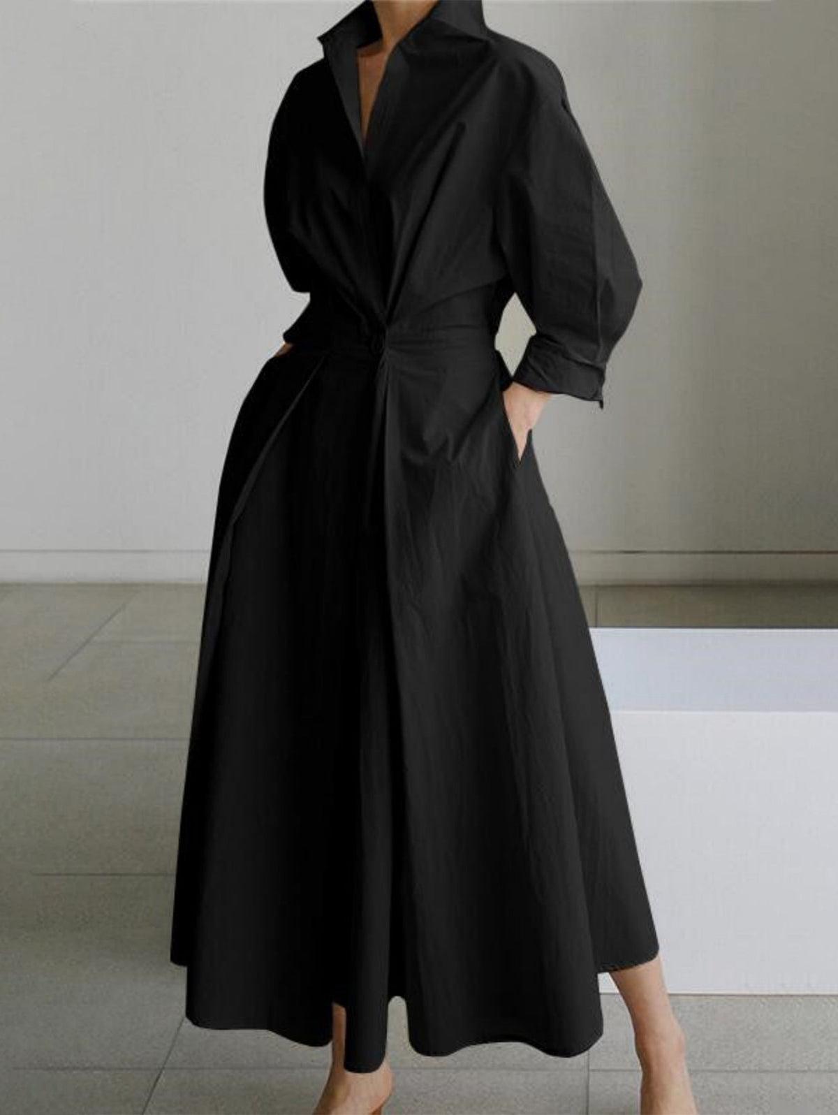 Vestido midi liso con solapa, botones y bolsillos