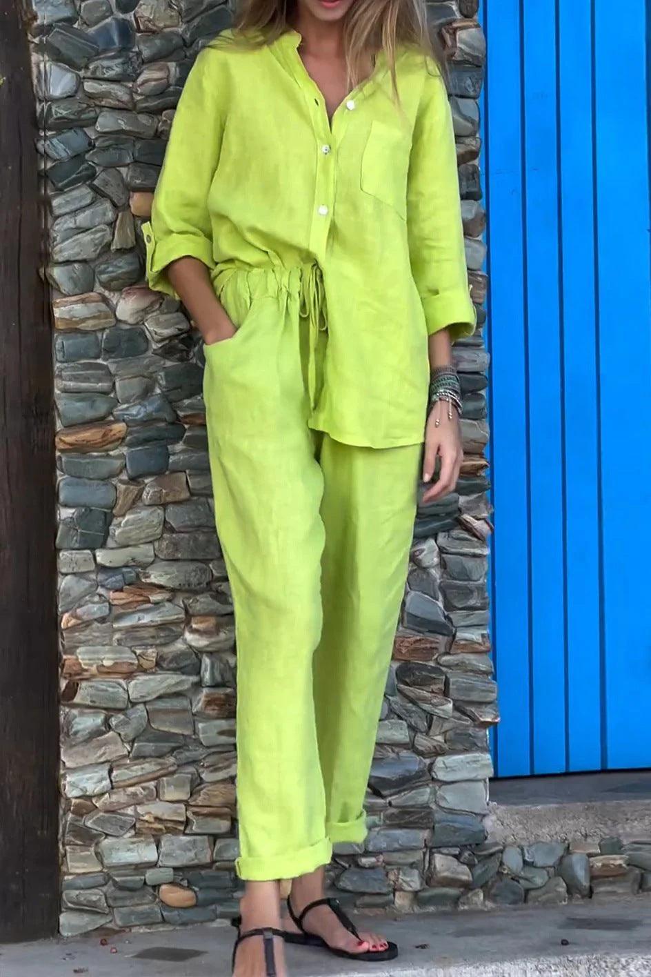 Conjunto informal de dos piezas con camisa y pantalones de algodón y lino