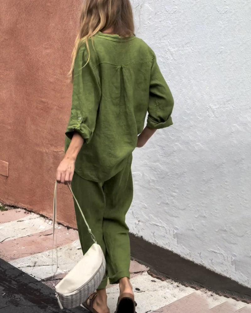 Conjunto informal de dos piezas con camisa y pantalones de algodón y lino