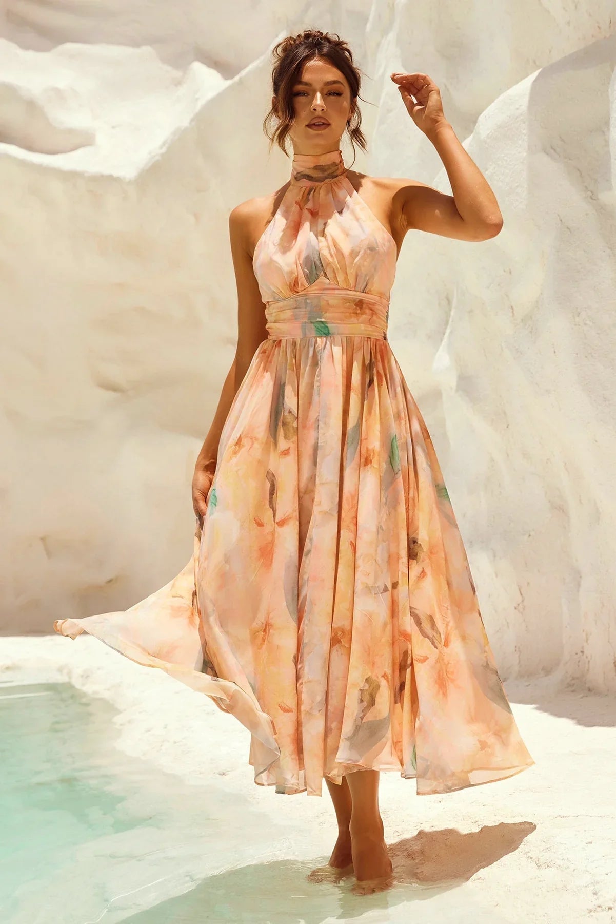 VESTIDO MIDI HALTER TONOS PASTEL ACUARELA