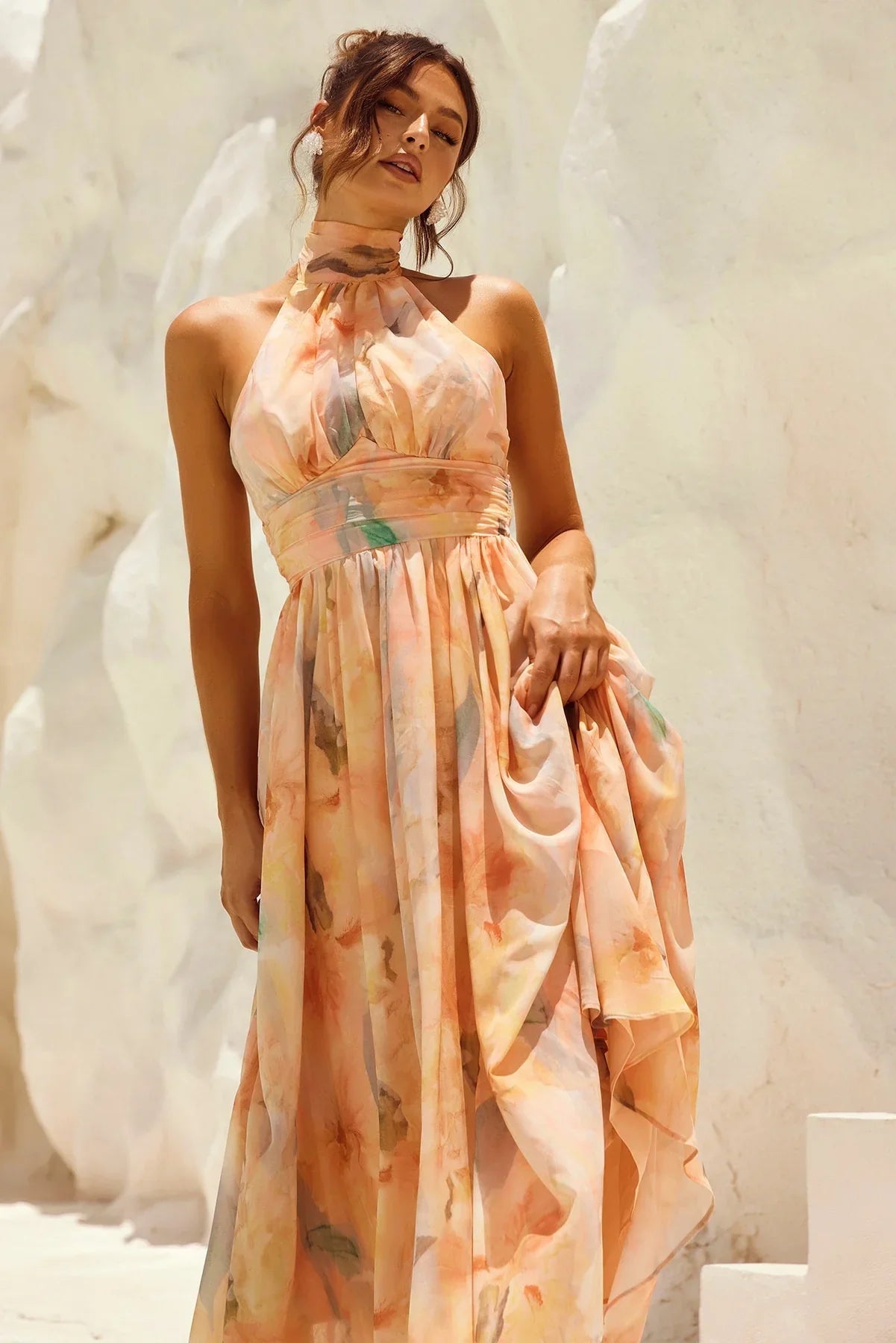 VESTIDO MIDI HALTER TONOS PASTEL ACUARELA