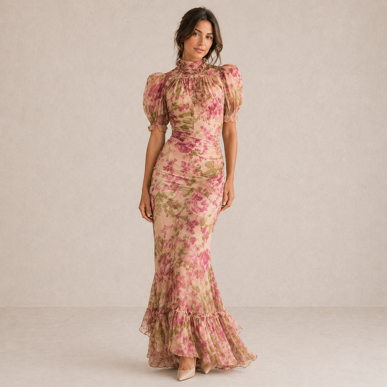 SAE | Vestido largo con volantes de rosas