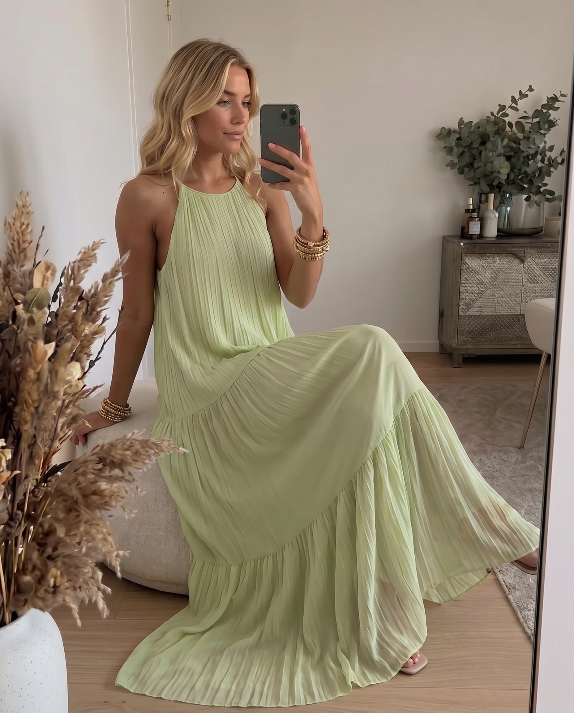 LIVIA | Vestido largo bohemio verde pistacho