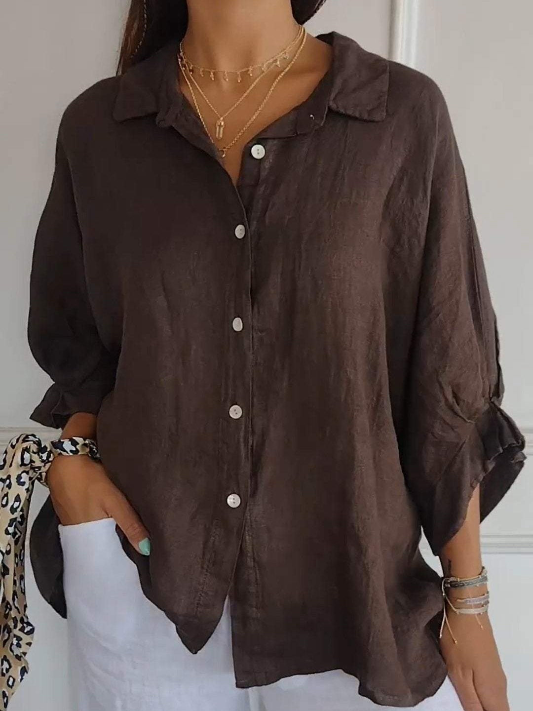 Camisa casual de algodón y lino de color liso