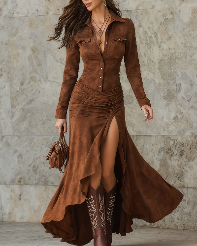 Vestido largo con solapa y volantes
