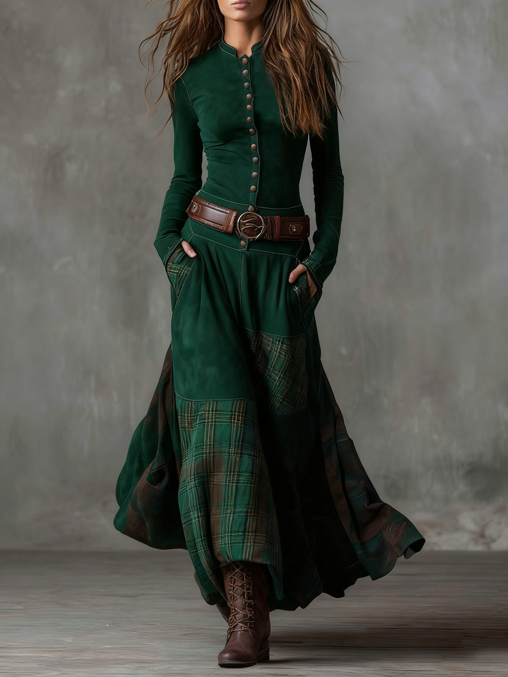 VESTIDO LARGO DRAPEADO DE MANGA LARGA