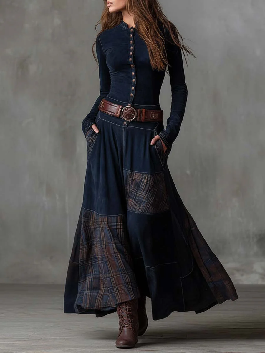 VESTIDO LARGO DRAPEADO DE MANGA LARGA