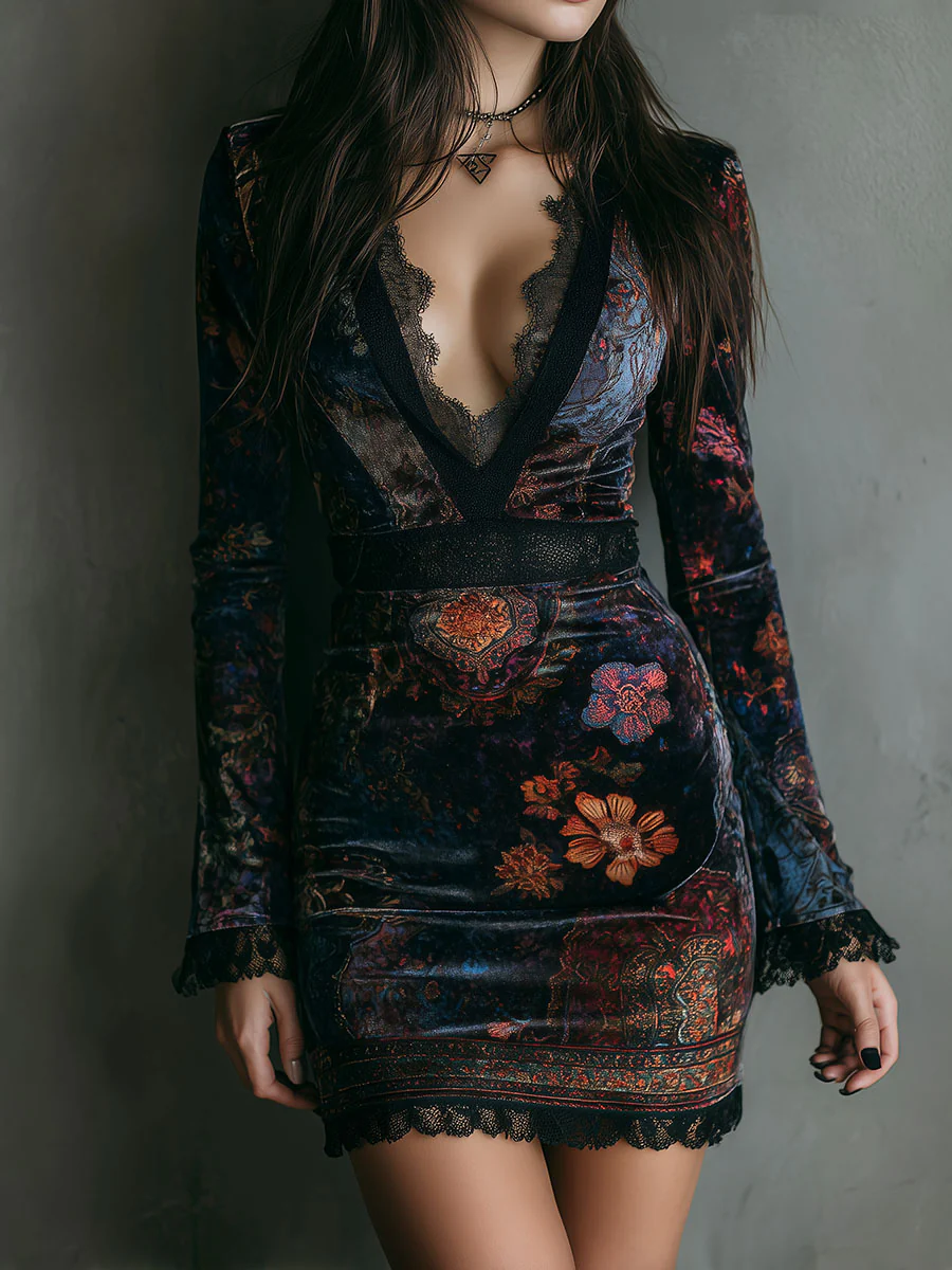 VESTIDO MINI TERCIOPELO ESTAMPADO CON ENCAJE
