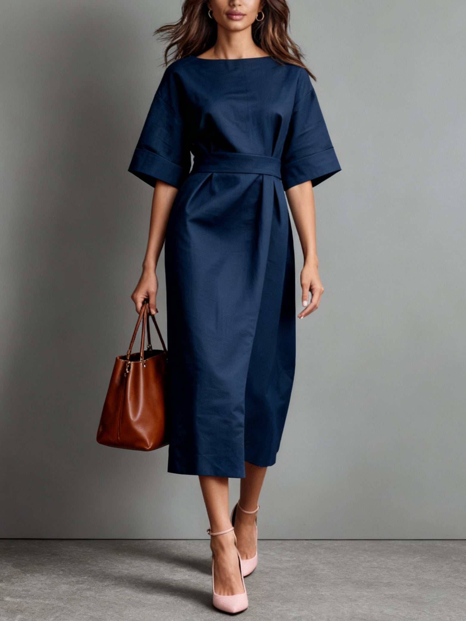 Vestido holgado de lino con cuello barco y lazo