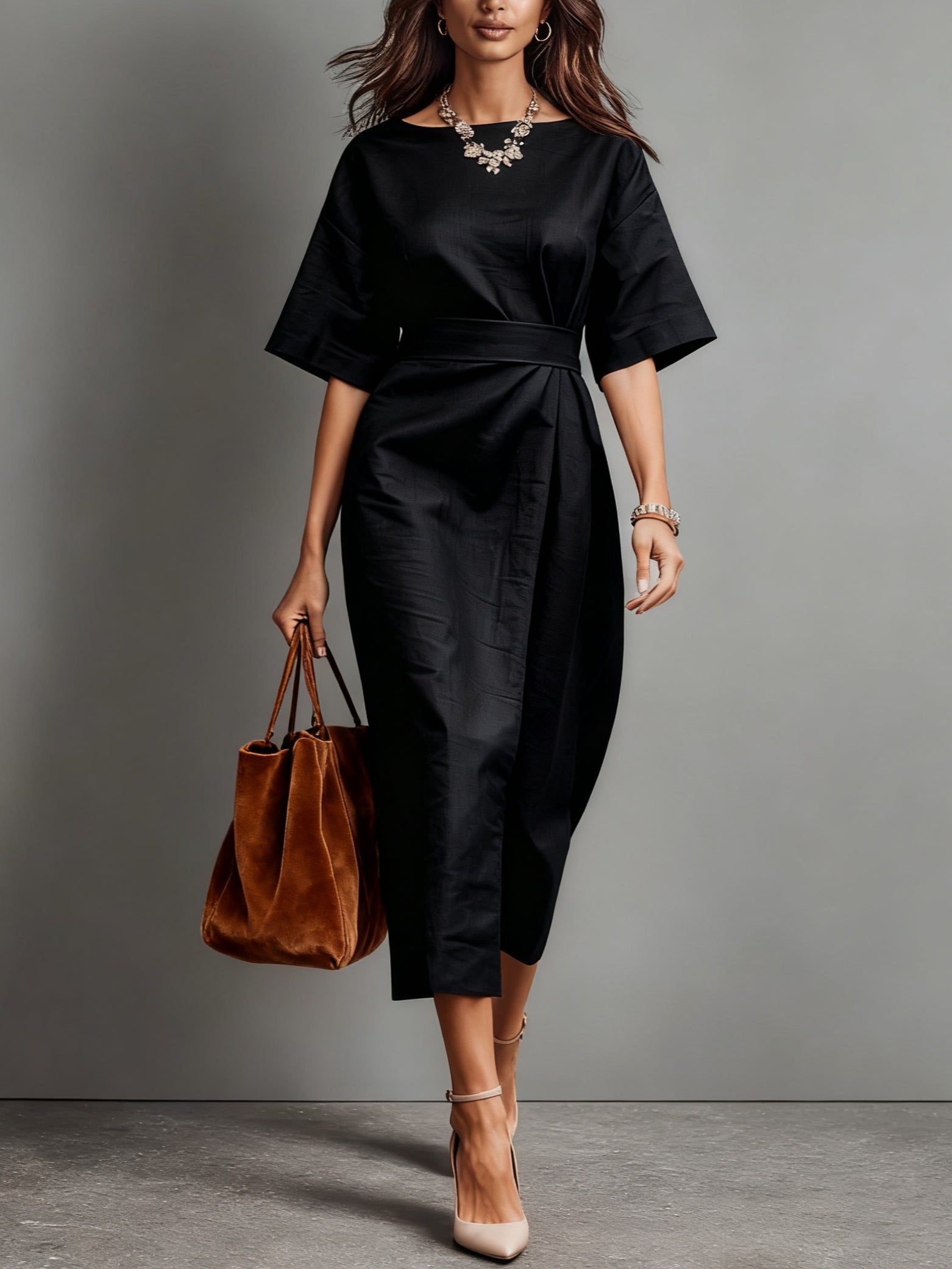 Vestido holgado de lino con cuello barco y lazo