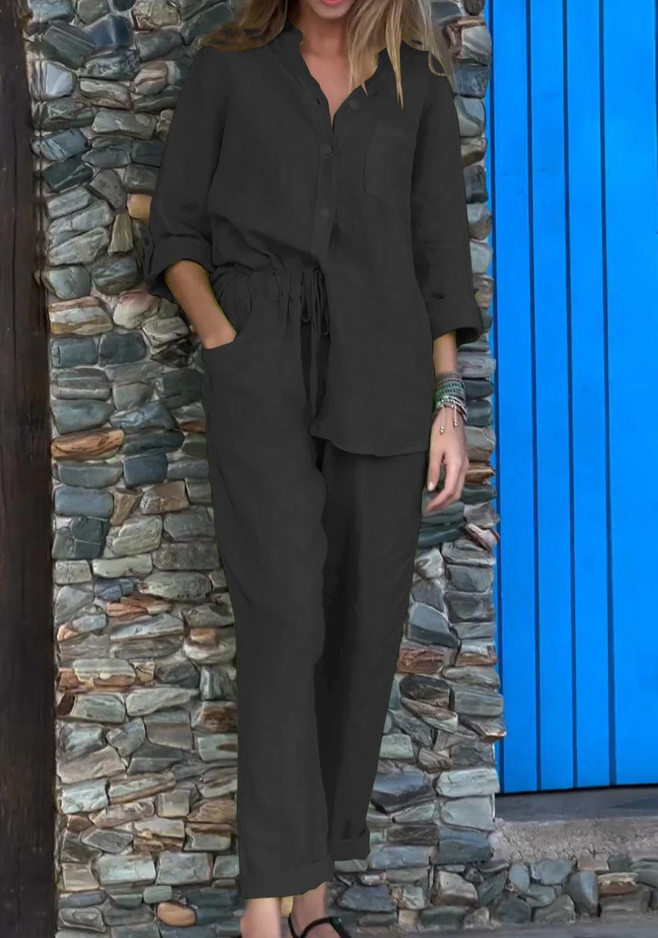 Conjunto informal de dos piezas con camisa y pantalones de algodón y lino